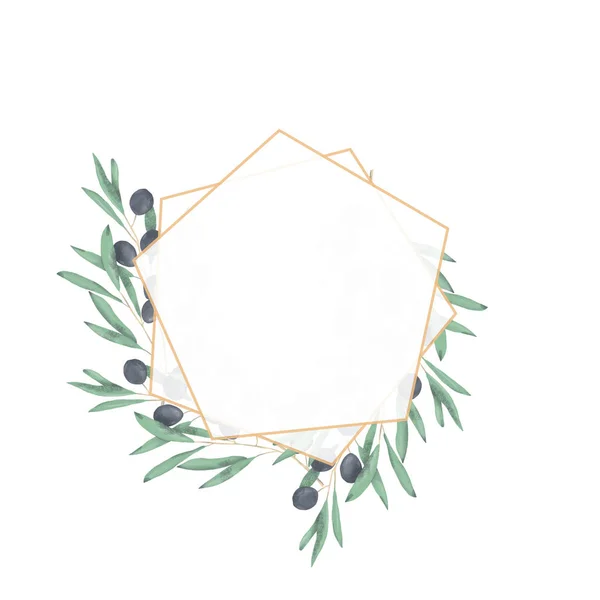Boda Invitación, Tarjeta de invitación floral de acuarela, marco poligonal dorado geométrico floral oliva para tarjeta de felicitación. Fondo blanco — Foto de Stock