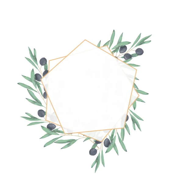 Boda Invitación, Tarjeta de invitación floral de acuarela, marco poligonal dorado geométrico floral oliva para tarjeta de felicitación. Fondo blanco — Foto de Stock