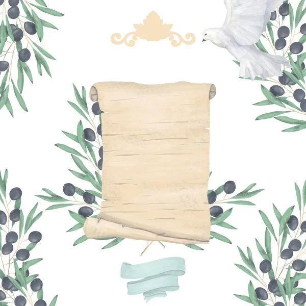 Bryllupsinvitasjon, blomsterinvitasjonskort, olivenblomster- og magnoliavtrykksmåte. Hvit bakgrunn . – stockfoto