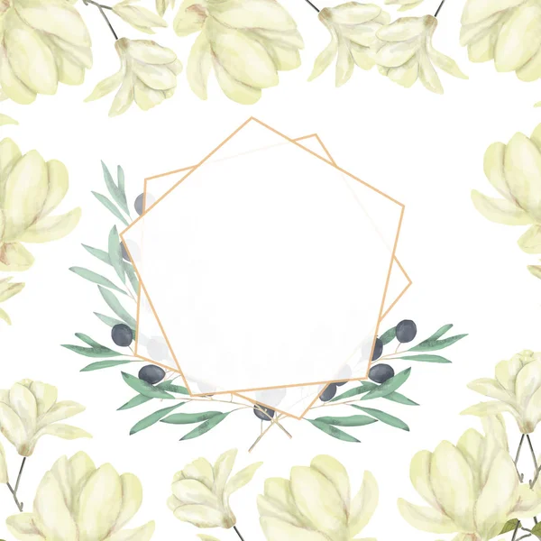 Wedding Invitation, floral invite card, olive floral and magnolia geometric golden frame print. White background.