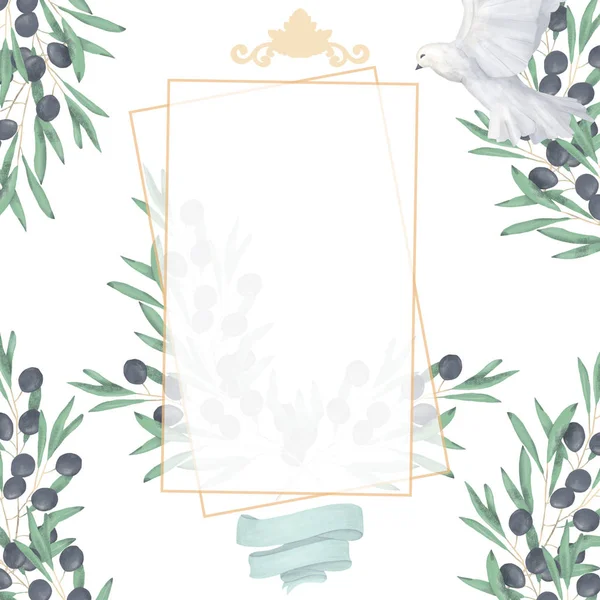 Wedding Invitation, floral invite card, olive floral and magnolia geometric golden square frame print. White background