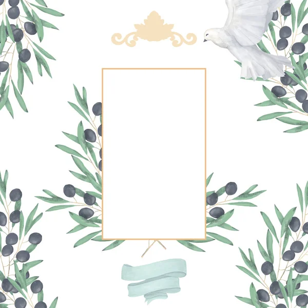 Boda Invitación, tarjeta de invitación floral, flores de oliva y magnolia geométrica dorada vertical marco de impresión. Fondo blanco . — Foto de Stock