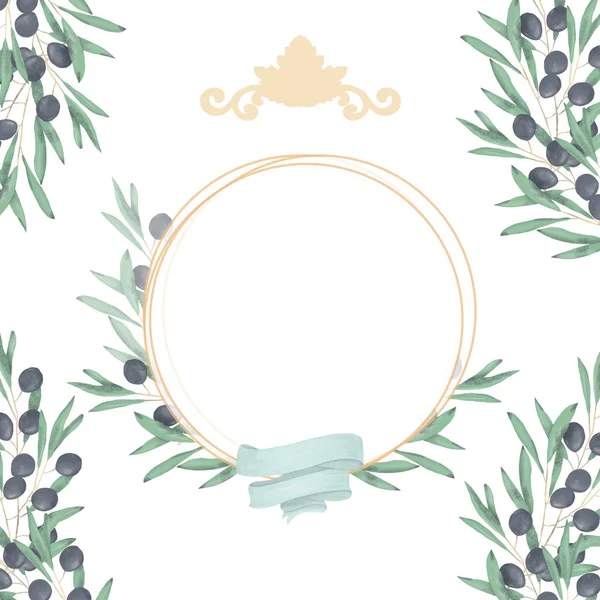 Boda Invitación, tarjeta de invitación floral, flores de oliva y magnolia geométrica círculo dorado marco de impresión. Fondo blanco . — Foto de Stock