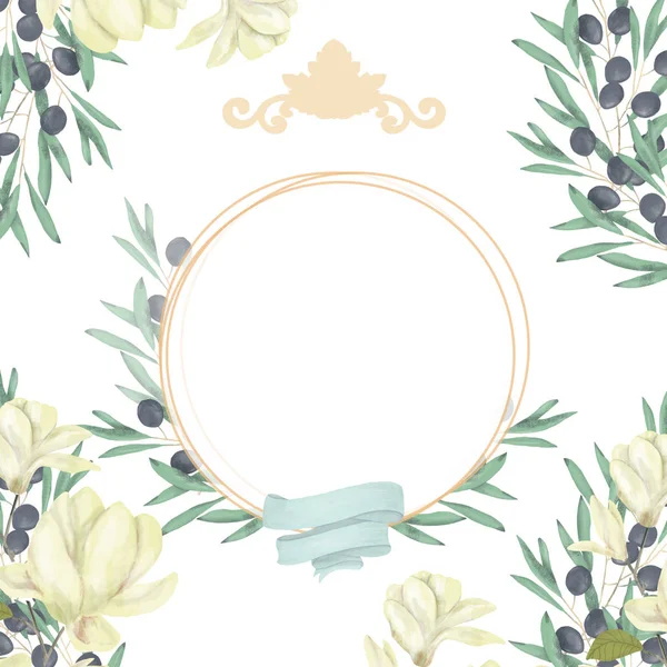 Запрошення на весілля, квіткова запрошена листівка, оливкова квіткова та магнолійська геометрична каркасна рамка. Білий фон . — стокове фото