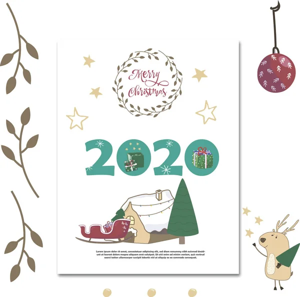 Père Noël sur luge avecfond d'hiver avec forêt de pins, étoiles, cadre de branche et carte de vœux solitaire. Illustration vectorielle dessin à la main sur fond blanc — Image vectorielle
