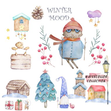 Şapkalı baykuş ve atkı elle çizildi. Sevimli Suluboya renkli ayarlamak resim tebrik kartı, poster, ya da giysi baskı için. Beyaz arka plan üzerine izole boyama cli sanat