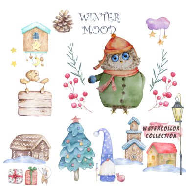 Şapkalı baykuş ve atkı elle çizildi. Sevimli Suluboya renkli ayarlamak resim tebrik kartı, poster, ya da giysi baskı için. Beyaz arka plan üzerine izole boyama cli sanat