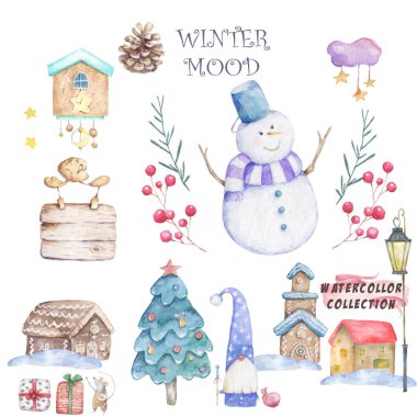 Suluboya Noel Kardan Adam ve sant, ladin ağacı el bebek t-shirt baskı, moda baskı tasarımı, çocuk giyim, bebek duş kutlama tebrik ve davet kartı için karikatür illüstrasyon çizilmiş.