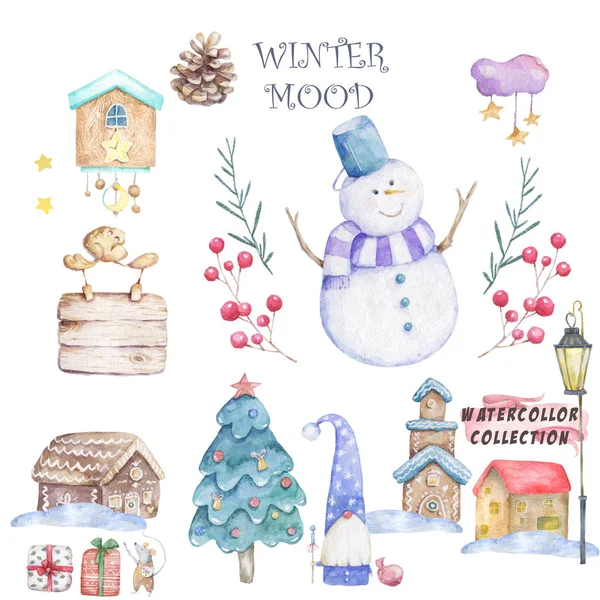 Suluboya Noel Kardan Adam ve sant, ladin ağacı el bebek t-shirt baskı, moda baskı tasarımı, çocuk giyim, bebek duş kutlama tebrik ve davet kartı için karikatür illüstrasyon çizilmiş.