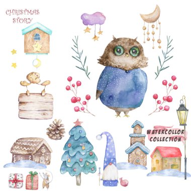 Şapkalı baykuş ve atkı elle çizildi. Sevimli Suluboya renkli ayarlamak resim tebrik kartı, poster, ya da giysi baskı için. Beyaz arka plan üzerine izole boyama cli sanat