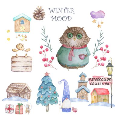 Şapkalı baykuş ve atkı elle çizildi. Sevimli Suluboya renkli ayarlamak resim tebrik kartı, poster, ya da giysi baskı için. Beyaz arka plan üzerine izole boyama cli sanat