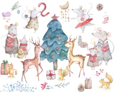 Suluboya El Rat ve geyik ile sevimli renkli illüstrasyon noel seti çizilmiş. Yeni Yıl 2020 sembolü. Kartpostal, kart, davetiye ve noel afişi için bize. Beyaz arka plan üzerinde Orman hayvan