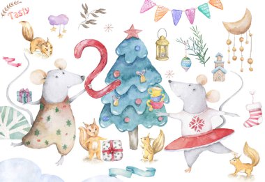 Sevimli suluboya karikatür fareler ve ladin ağacı ayarlayın. Suluboya el çizilmiş hayvanlar illüstrasyon. Yeni Yıl 2020 tatil çizim illüstrasyon. Sembol 2020 Mutlu Noeller hediye kartı. Tebrik kartpostalı