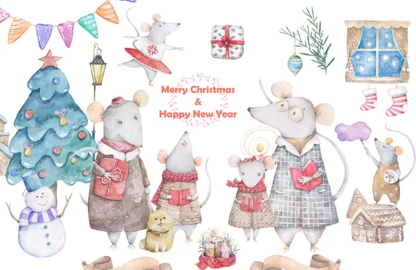 Lindo conjunto de dibujos animados acuarela ratas y abeto. Acuarela dibujado a mano animales ilustración. Nuevo año 2020 ilustración de dibujo de vacaciones. Símbolo 2020 Feliz Navidad tarjeta de regalo. Tarjeta postal de felicitación —  Fotos de Stock