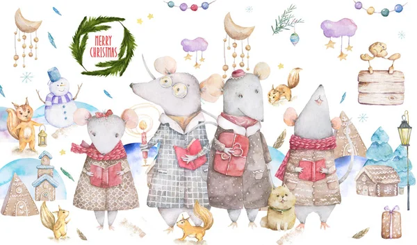귀여운 수채화 만화 세트 가족 쥐. 수채화 손으로 그린 동물 그림입니다. 새해 2020 휴일 그림그림입니다. 기호 2020 메리 크리스마스 선물 카드입니다. 인사말 엽서 포스터 — 스톡 사진