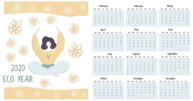 Takvim 2020. Takvim yoga kadın minimalist geometrik İskandinav tarzı ve trendy renkler oturan ayarlayın. Hafta Pazar günü başlıyor. 12 Ay minimalist takvimler kümesi. düz Çizimler