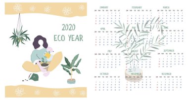 Takvim 2020. Takvim modern kadın ve bitkiler minimalist geometrik İskandinav tarzı ve trendy renkleri ile ayarlayın. Hafta Pazar günü başlıyor. 12 Ay minimalist takvimler kümesi. düz Çizimler