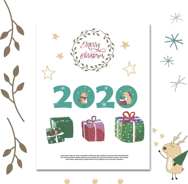 El çizilmiş düz klip resim tebrik kartı mutlu yeni yıl. Mutlu 2020. Hediyeler, hediye paketleme. Vektör illüstrasyon. İskandinav tarzı. Invit, afiş tasarımı — Stok Vektör