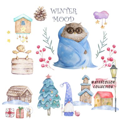 Baykuş ladin ağacı, ev ve noel baba ve eşarp elle çizilmiştir. Sevimli Suluboya renkli ayarlamak resim tebrik kartı, poster, ya da giysi baskı için. Beyaz arka plan üzerine izole boyama cli sanat