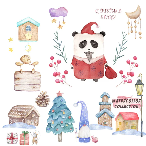 Watercolo panda bonito em traje de Papai Noel. ilustração para cartão de saudação, cartaz ou impressão em roupas. Natal e Ano Novo. Conjunto de inverno, floral e quadro, pequena casa arte clipe aconchegante — Fotografia de Stock