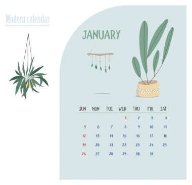 Takvim 2020. Minimalist geometrik İskandinav tarzı ve trendy renklerde kaktüs sulu ile takvim seti. Hafta Pazar.Ocak'ta Başlar. Çizim