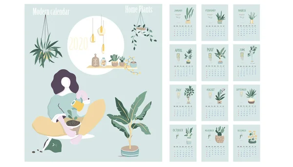 Monthly Calendar 2020. Cute printable creative template with beauty and floral elements. Plants and home garden. Tren Modern Vector illustration. Proximity to nature. Nature connect — Stock Vector