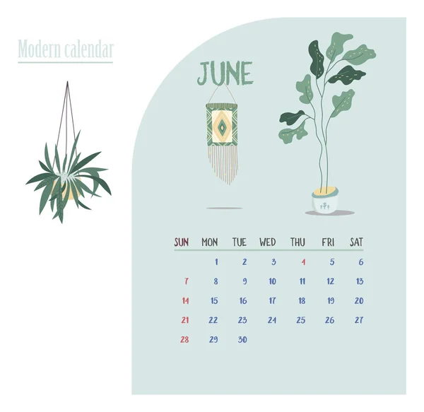 Calendar 2020. Calendar set with modern plants and home garden floral with gold in minimalistic geometric scandinavian style and trendy colors. Week Starts on Sunday. June. Illustrations — Stock Vector