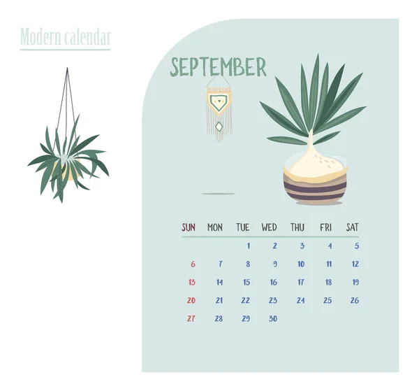 Calendar 2020. Calendar set with modern plants and home garden floral with gold in minimalistic geometric scandinavian style and trendy colors. Week Starts on Sunday. Septermber. Illustrations — Stock Vector