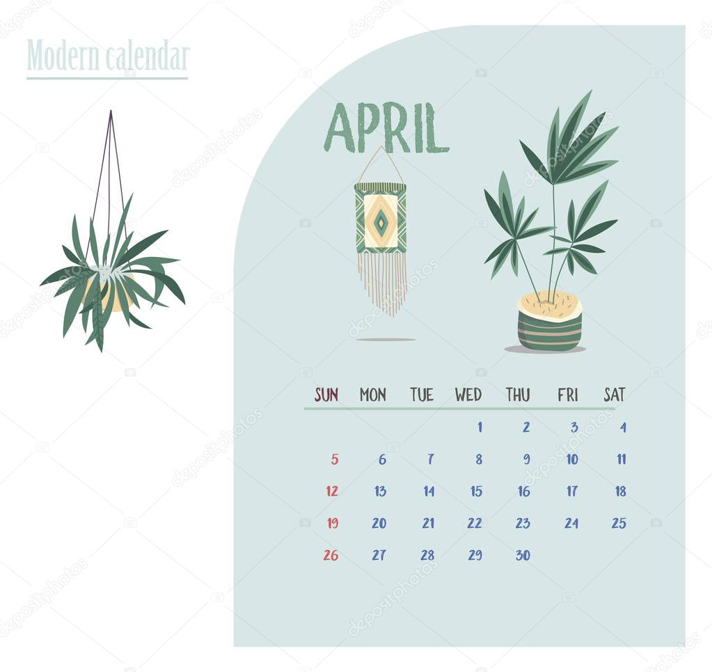 Calendar 2020. Calendar set with modern plants and home garden floral with gold in minimalistic geometric scandinavian style and trendy colors. Week Starts on Sunday. April. Illustrations