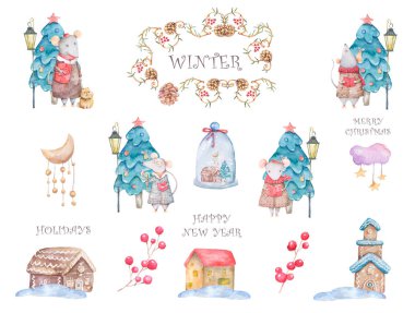 Sevimli karikatür noel sıçan fare noel kartı. Suluboya el çizilmiş hayvan illüstrasyon. Yeni Yıl 2020 tatil çizim. Tebrik kartı için renkli komik sıçanlar ahşap çerçeve