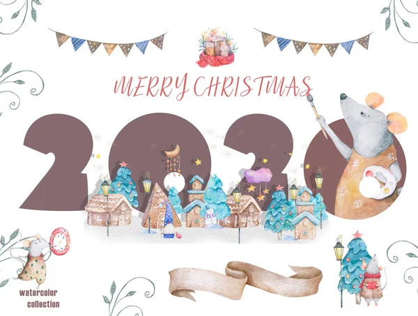 Sevimli karikatür noel sıçan fare noel kartı. Suluboya el çizilmiş hayvan illüstrasyon. Yeni Yıl 2020 tatil çizim. Tebrik kartı için renkli komik sıçanlar ahşap çerçeve