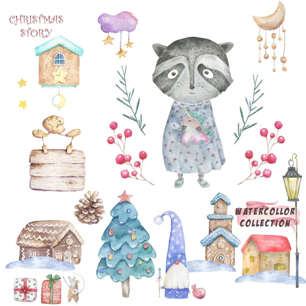 Watercolo cute cartoon raccoon and santa. illustration for greeting card, poster, or print on clothes. Christmas and New Year. Winter set, floral and frame, little house cozy clip art