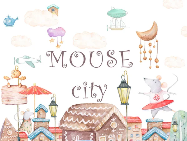 Cute mysz akwarela w domu, kreskówka miasta i latać sterowców ilustracji dla baby shower, karty, ulotki, plakaty, odbitki, wakacje, dzieci. Ręcznie rysowane clip art przedszkola kolorowy — Zdjęcie stockowe
