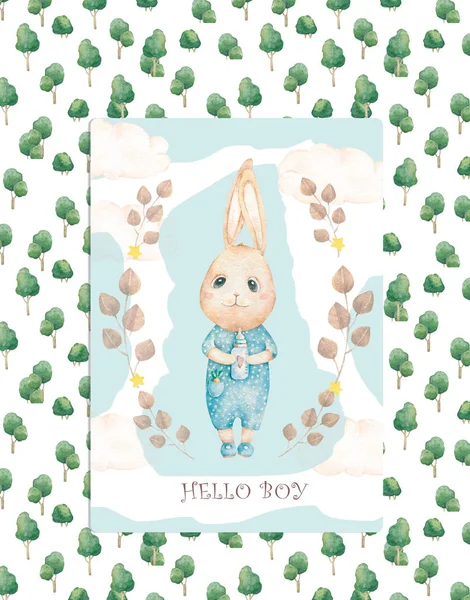 Lindas tarjetas de felicitación de cumpleaños Bunny acuarela, carteles para habitación de bebé, ducha de bebé, tarjeta de felicitación, niños y camisetas de bebé y desgaste. ilustración de vivero dibujado a mano. Divertido animal y hojas —  Fotos de Stock