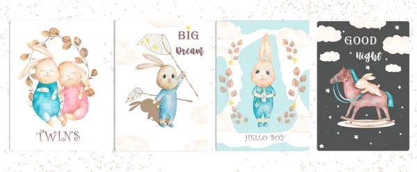 Cute watercolor set bunny birthday greeting cards,posters for baby room, baby shower, kids and baby t-shirts and wear. Hand drawn nursery illustration. Baby pet animal collection — Stock Photo, Image
