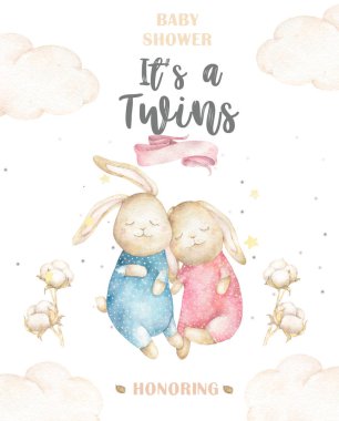 Sevimli suluboya Twins Bunny doğum günü tebrik kartları, bebek odası için posterler, bebek duş, davet, çocuk ve bebek t-shirt ve giyim. El çizilmiş kreş illüstrasyon. Komik hayvan ve pamuk