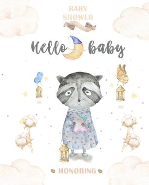 Sevimli suluboya Racoon ve kelebek, doğum günü tebrik kartları, bebek odası için posterler, bebek duş, davet, çocuk ve bebek t-shirt ve giyim. El çizilmiş kreş illüstrasyon. Komik hayvan ve pamuk