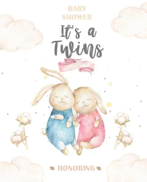 Sevimli suluboya Twins Bunny doğum günü tebrik kartları, bebek odası için posterler, bebek duş, davet, çocuk ve bebek t-shirt ve giyim. El çizilmiş kreş illüstrasyon. Komik hayvan ve pamuk — Stok fotoğraf