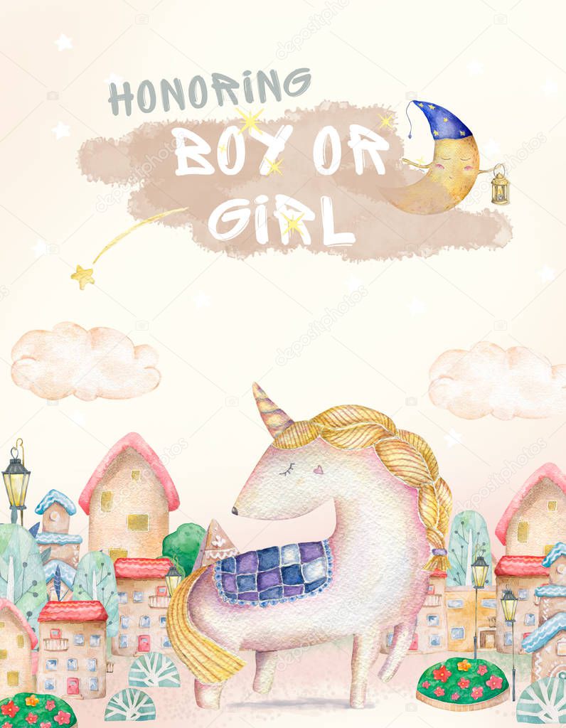 Magical time card set. Card, poster for printing. Cute watercolor illustration with unicorn and moon with city background. Poster for children bedroom. Invitation for kids party.