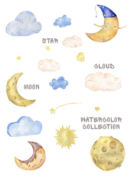 Aquarela bonito pôr do sol, nuvens, lua, meia lua, estrelas, gotas de chuva closeup isolado em um fundo branco. Pintura à mão sobre papel. Elementos de design arte — Fotografia de Stock