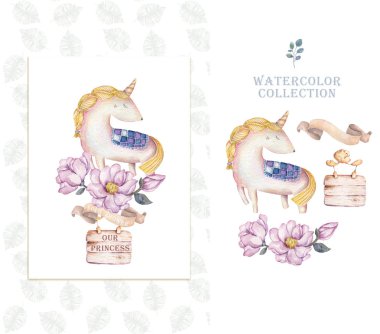 Bebek partisi afişleri, davetiyeler. Sevimli tek boynuzlu at ve yazı tipi, pastel renkler ile kartlar. Ayna ve şehir arka plan suluboya karikatür poster için renkli illüstrasyon tek boynuzlu at bakmak kesin, çocuk için davet