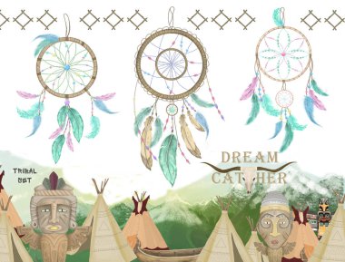 El tüylü ve ay ile Kızılderili Hint tılsım dreamcatcher çizilmiş. hipster illüstrasyon beyaz izole. Etnik tasarım, boho şık, kabile sembolü. Yetişkinler için boyama kitabı.