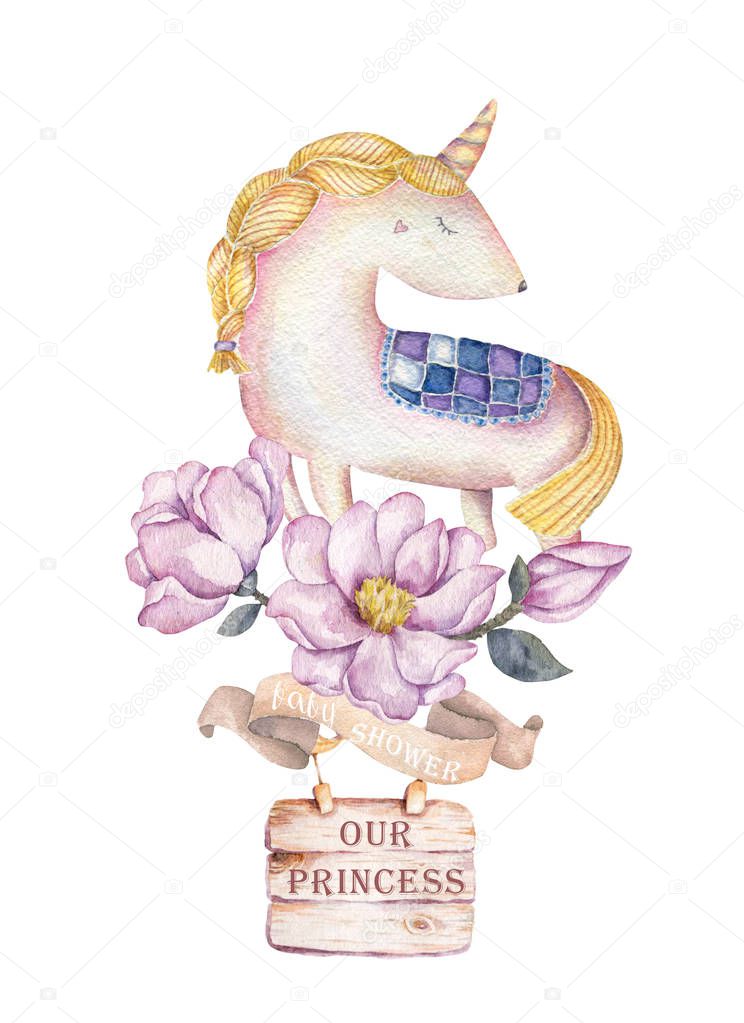 Baby shower posters, invites. Cards with cute unicorn and font, pastel colors. Cut unicorn look on mirror and city background watercolor cartoon colorful illustration for poster, invite for child