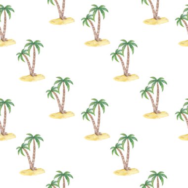 Tropikal palmiye ağaçları seti, plaj ve doğa konsepti. Parlak tropikal dekorasyon. Suluboya karikatür palmiye illüstrasyon beyaz arka plan izole