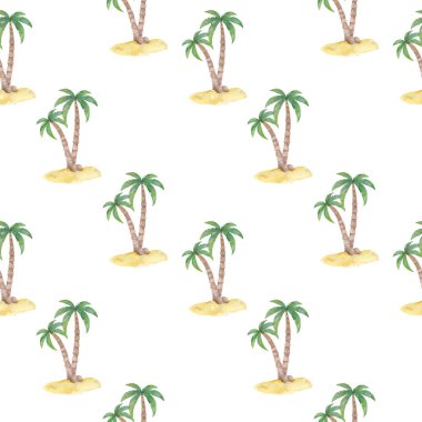 Tropikal palmiye ağaçları seti, plaj ve doğa konsepti. Parlak tropikal dekorasyon. Suluboya karikatür palmiye illüstrasyon beyaz arka plan izole