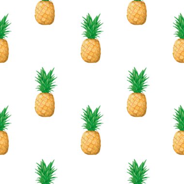 Ananas desen arka plan. Suluboya renkli taze meyve illüstrasyon beyaz arka plan izole. Yaz stili küçük resim