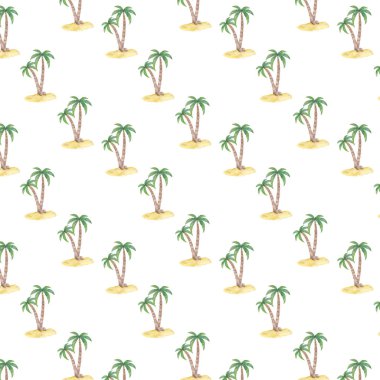 Tropikal palmiye ağaçları seti, plaj ve doğa konsepti. Parlak tropikal dekorasyon. Suluboya karikatür palmiye illüstrasyon beyaz arka plan izole
