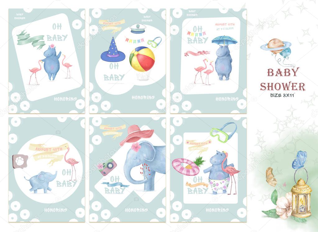 Cute set for baby shower watercolor illustration, birthday greeting cards,posters for baby room, invite, kids, honoring. Hand drawn nursery illustration. Funny hippo, elephant. pink flamingo animals