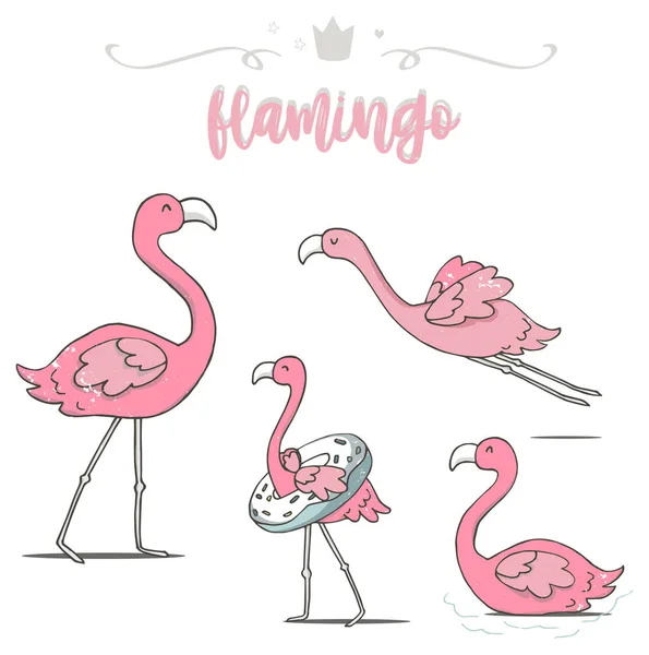 Set Flamingo Bird το καλοκαίρι με κολύμπι. Χέρι που χαριτωμένο coloful εικόνα. Επίπεδο διάνυσμα σχεδιασμού. Πετώντας Pink Flamingo. Καλοκαίρι παραλία διακοπές Flamingo — Διανυσματικό Αρχείο