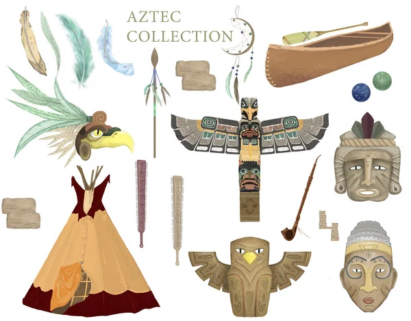 Wild West conjunto com wigwam, xamã totem pedras, canoa, desenho animado ilustração isolado clip art no fundo branco. Coleção asteca, Conjunto tribal de maya — Fotografia de Stock